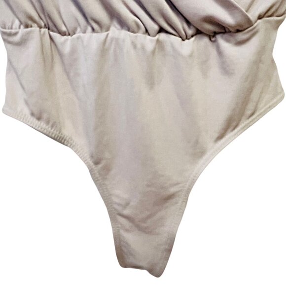 Lulus Striking Looks Taupe Long Sleeve Bodysuit V-Neck Jersey Knit Pullover Top - Picture 10 of 12